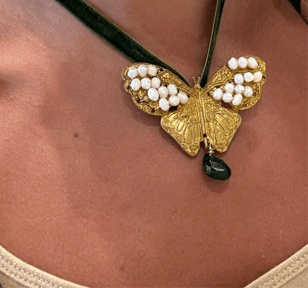 Brass Butterfly Choker Necklace on Velvet Strap - Necklace - Kia Concept Store
