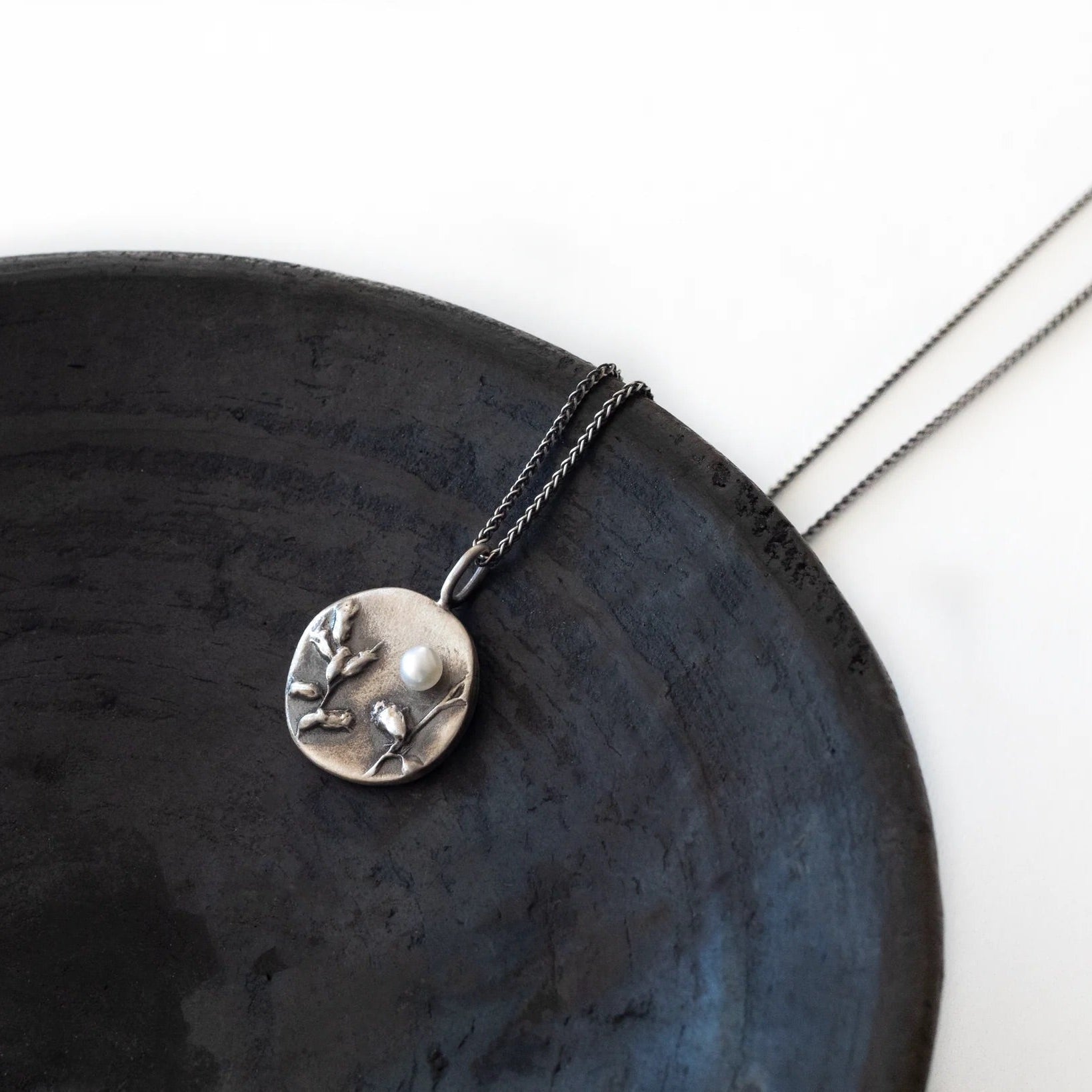 Silver Botanical Necklace with Freshwater Pearl