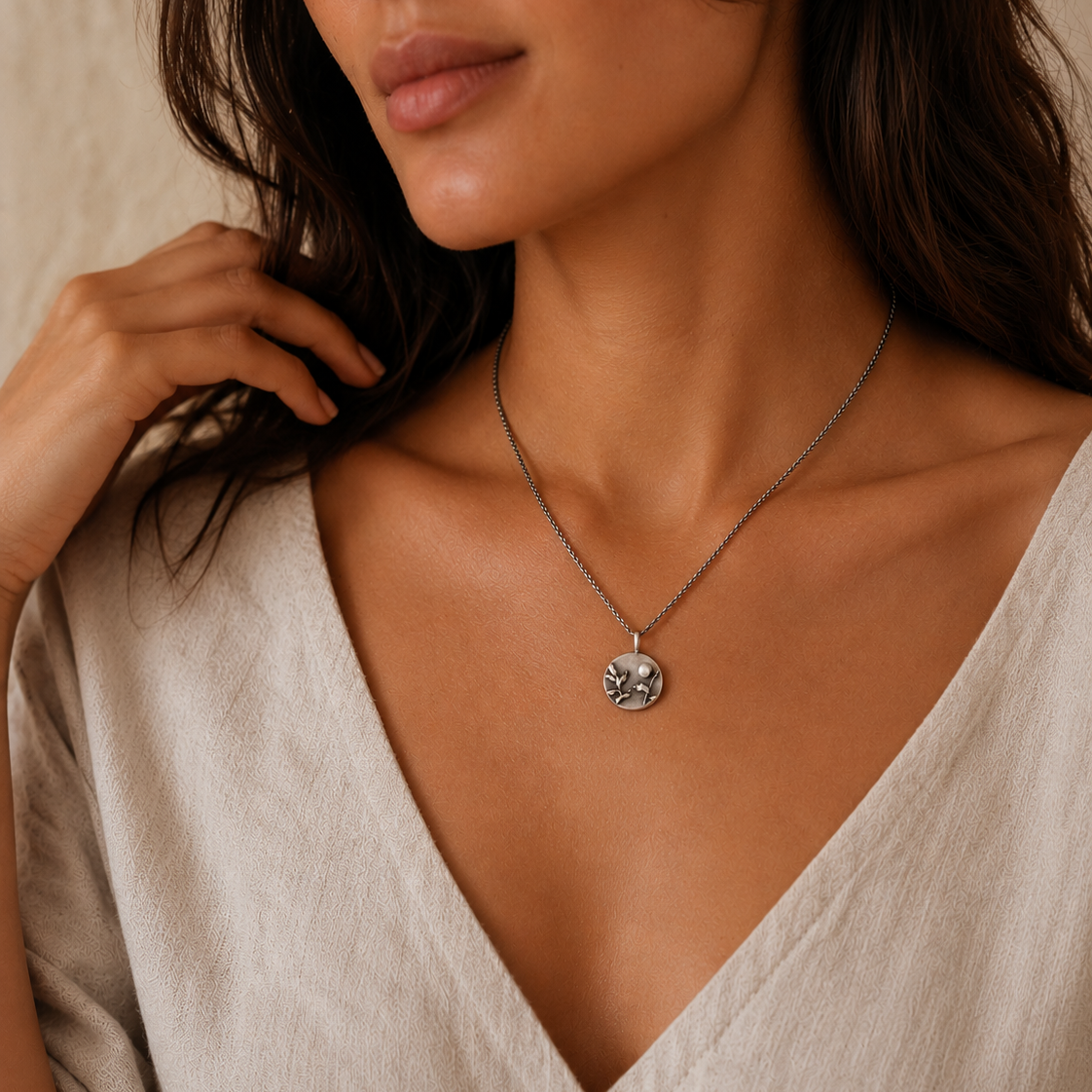 Silver Botanical Necklace with Freshwater Pearl