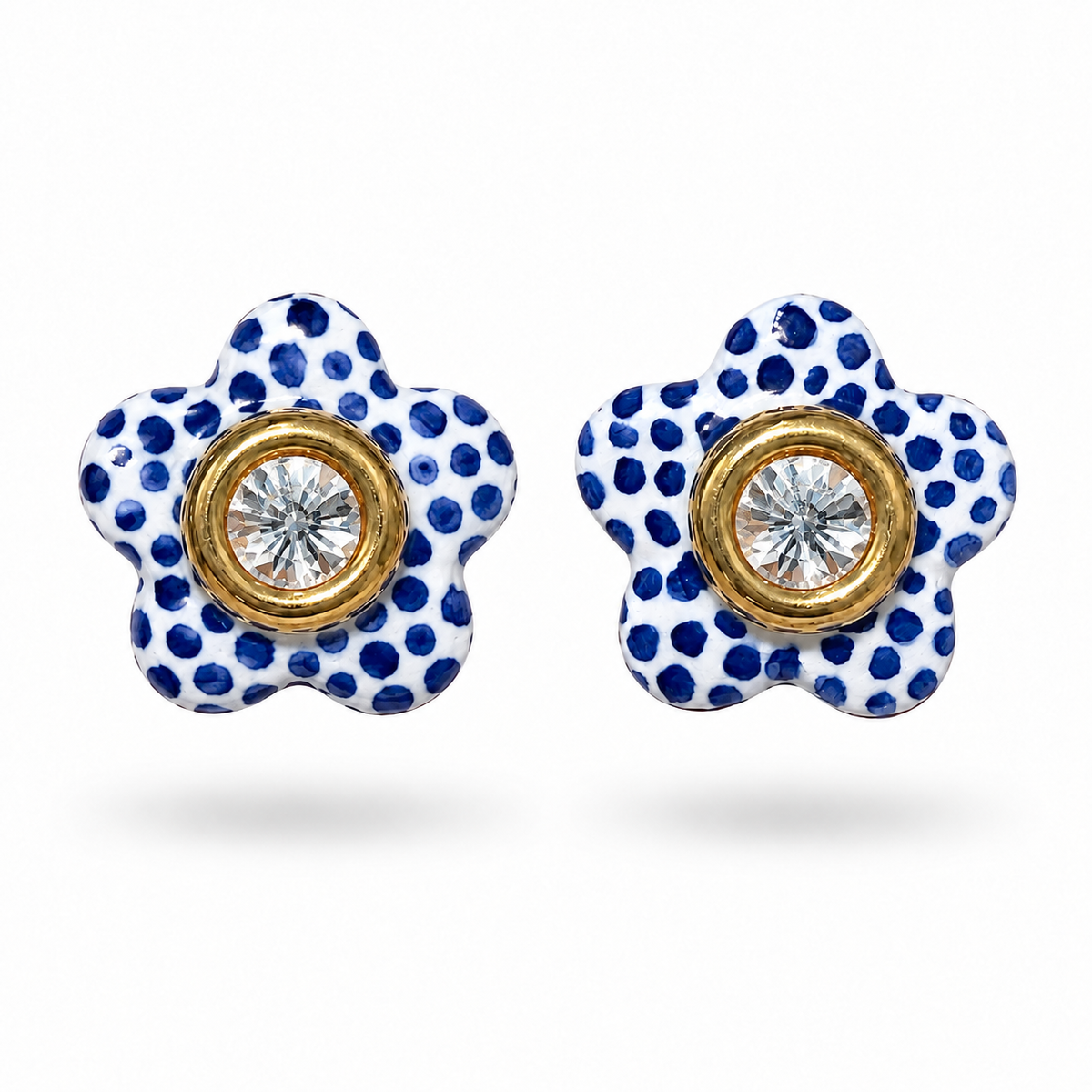 Capri Bloom Studs blue and white ceramic flower earrings with clear crystal centers