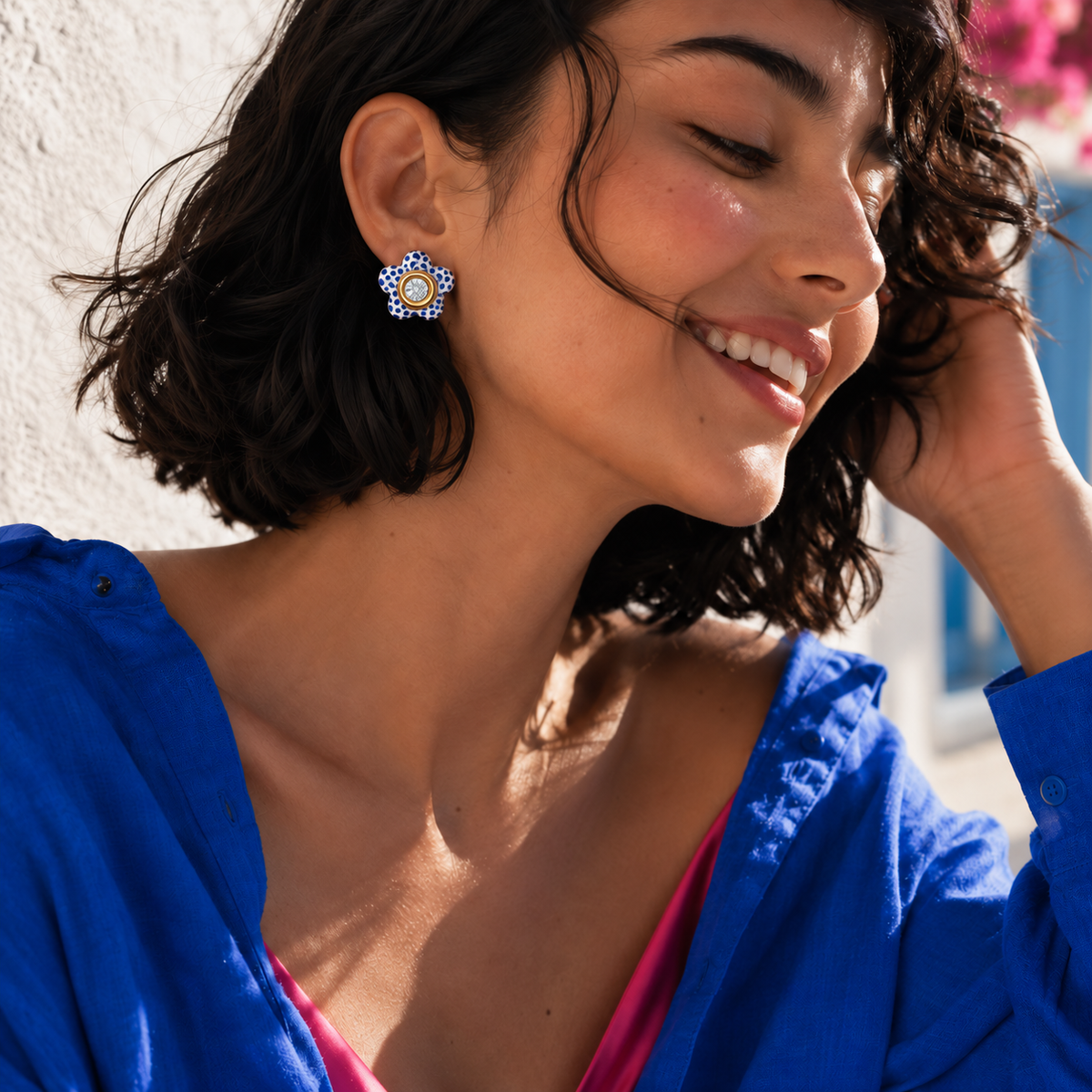 Capri Bloom Studs with clear crystal center worn on model