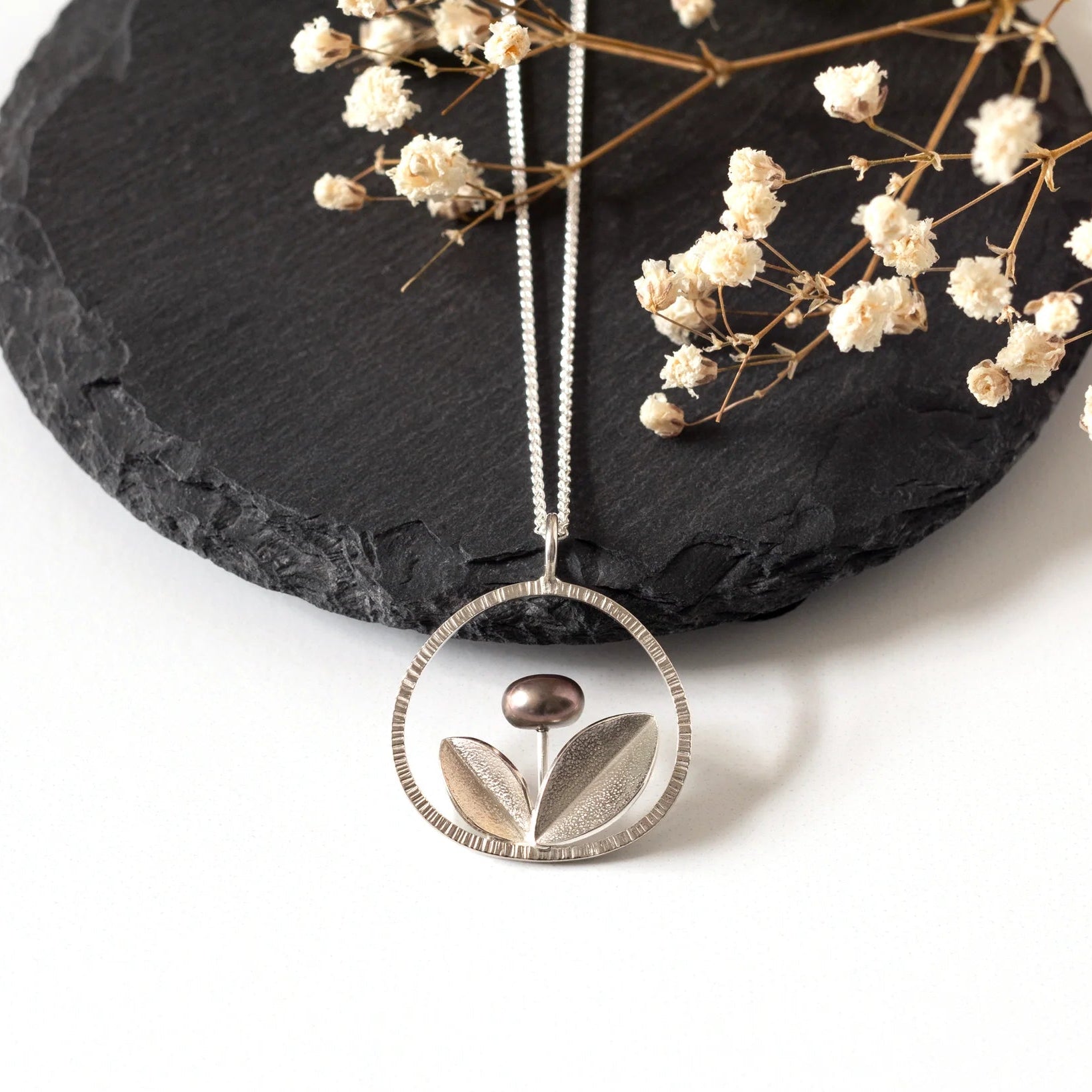 Floral Silver Necklace with Pearl