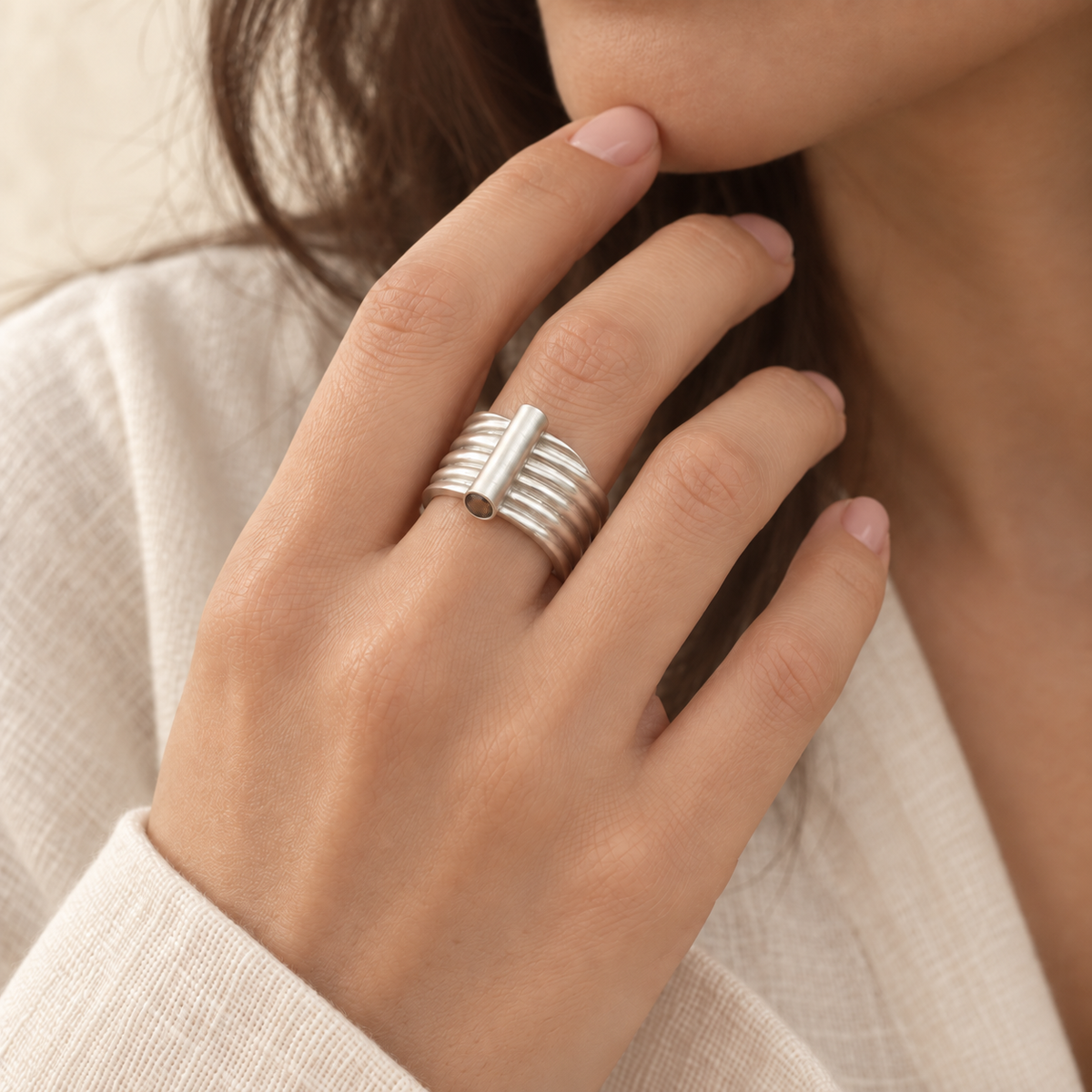 Hara Ring with smoky quartz worn on a model - close-up