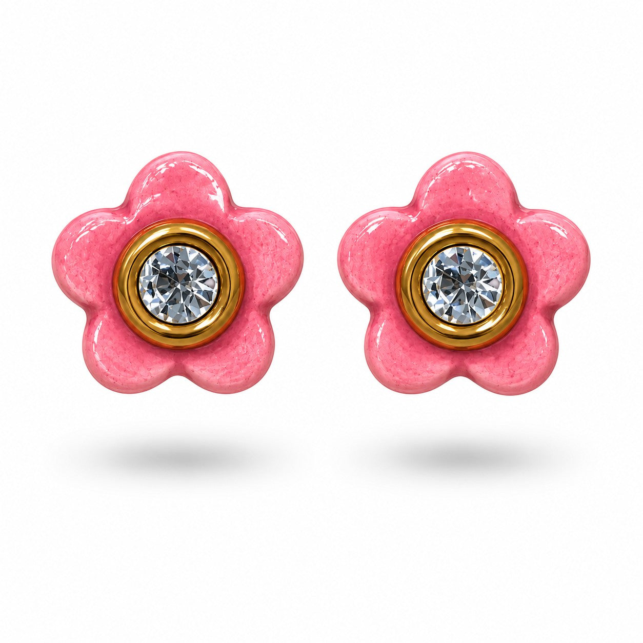 Kia Concept Store Rosalie Bloom Studs: delicate pink ceramic flower earrings with a clear crystal center and gold trim.