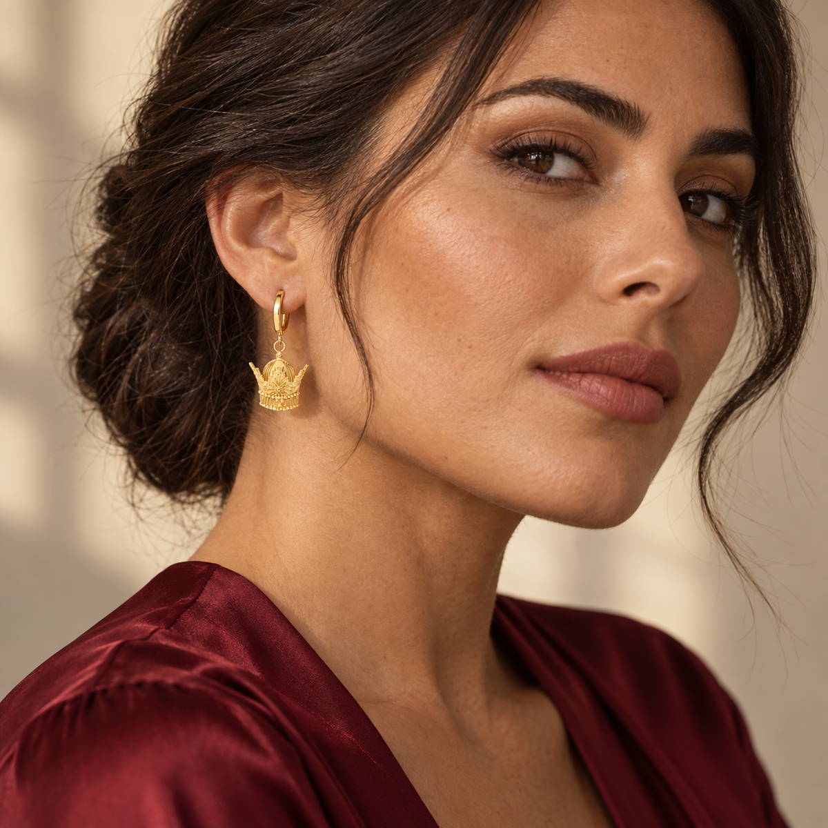 Royal Crown Drop Earrings worn on model - editorial portrait