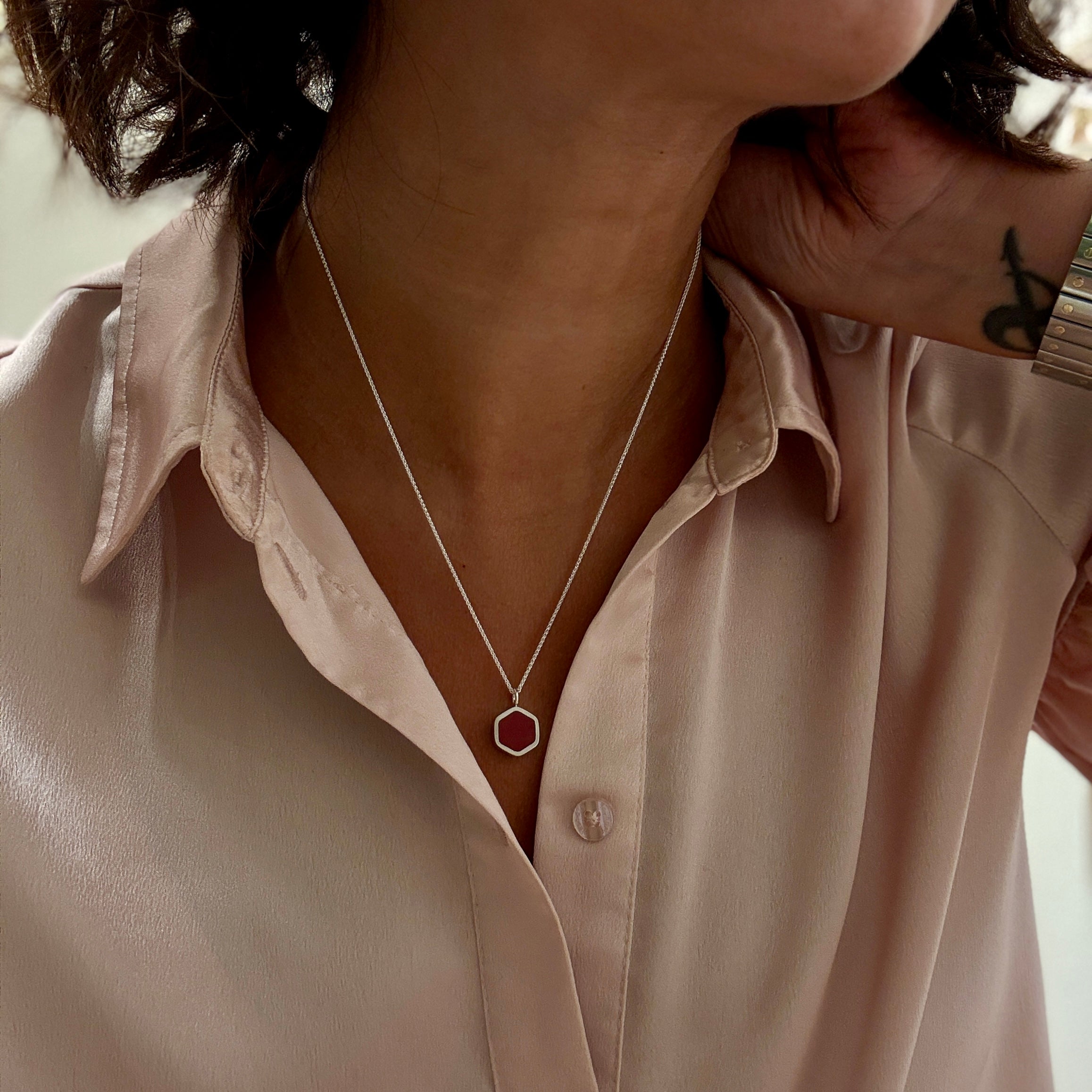 Resin Silver Hexagon Necklace