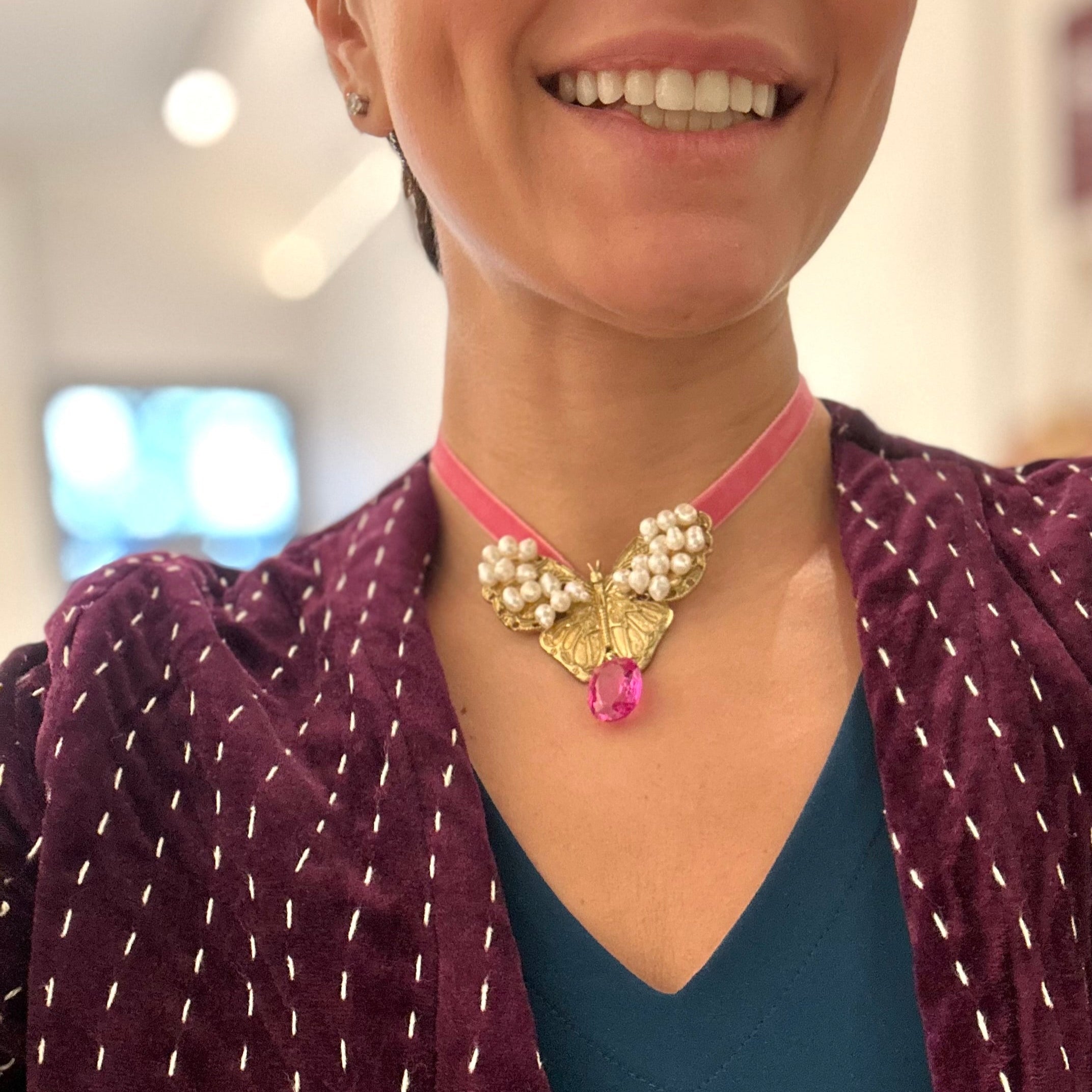 Brass Butterfly Choker Necklace on Velvet Strap - Necklace - Kia Concept Store