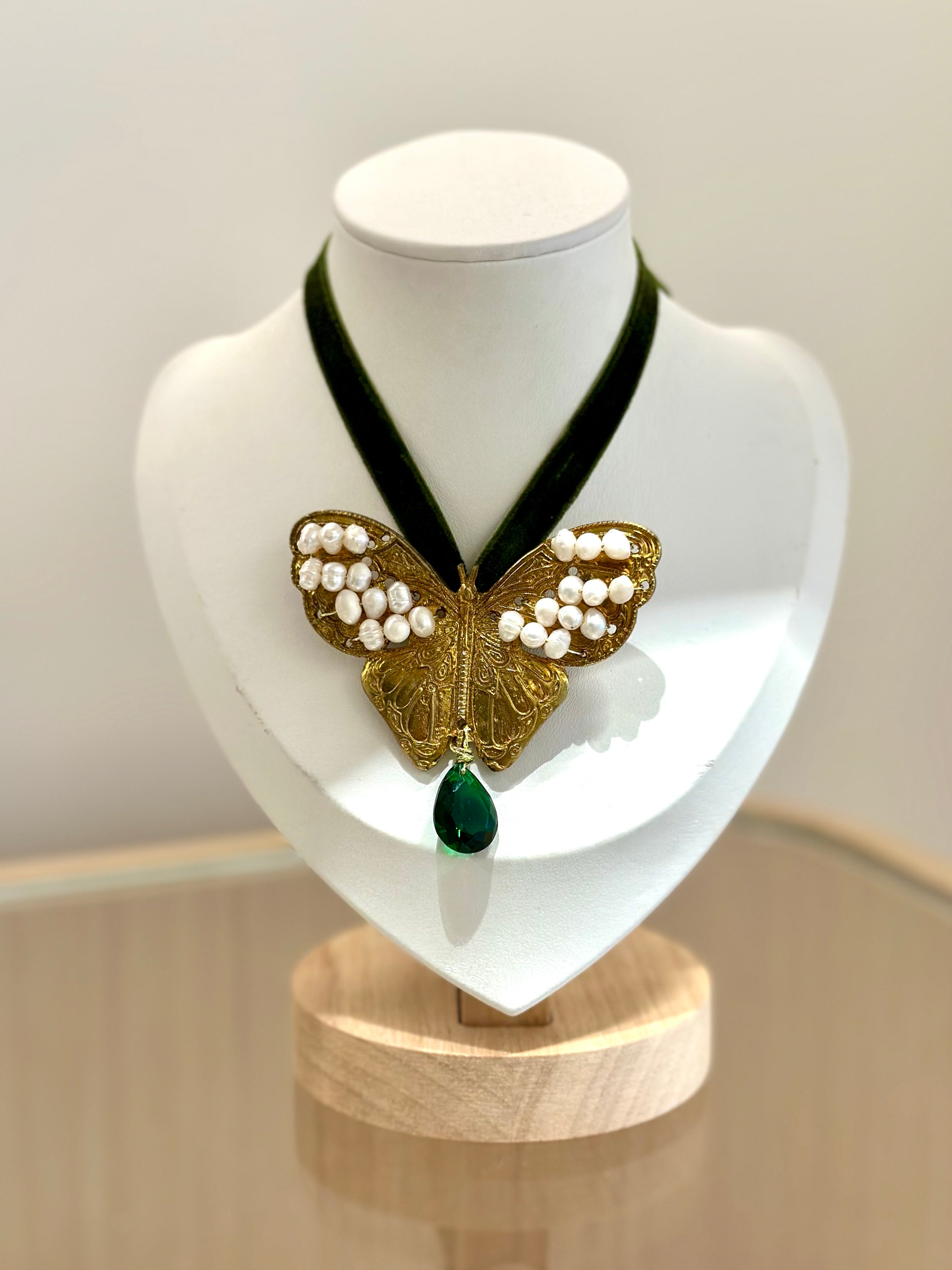 Brass Butterfly Choker Necklace on Velvet Strap - Necklace - Kia Concept Store