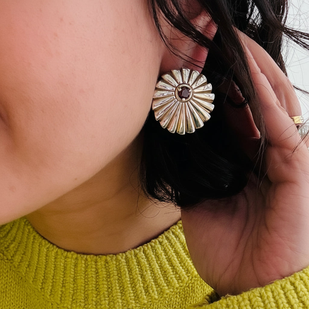 Silver Garnet Sun Earrings