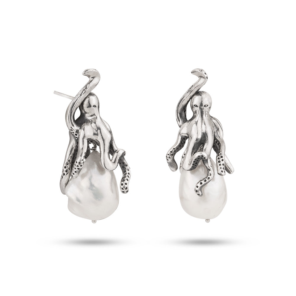 Octopus & Baroque Pearl Earrings