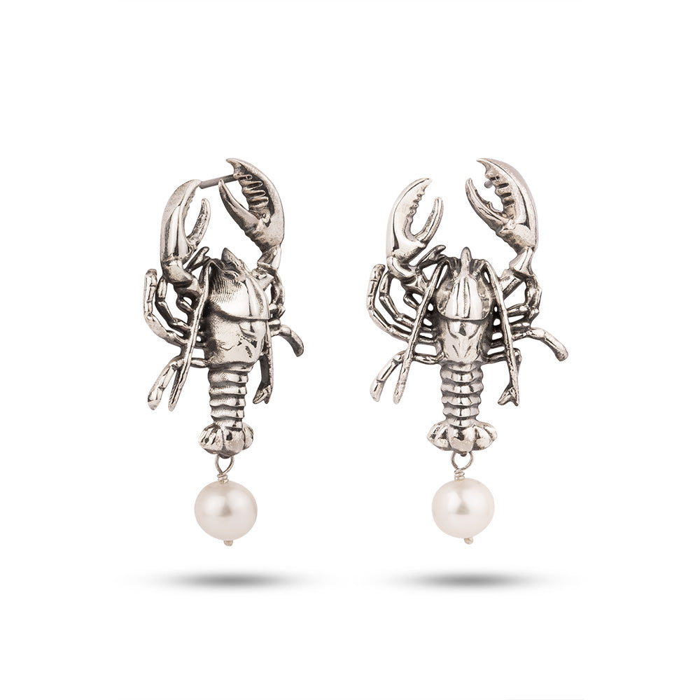 Lobster & Pearl Silver Earrings