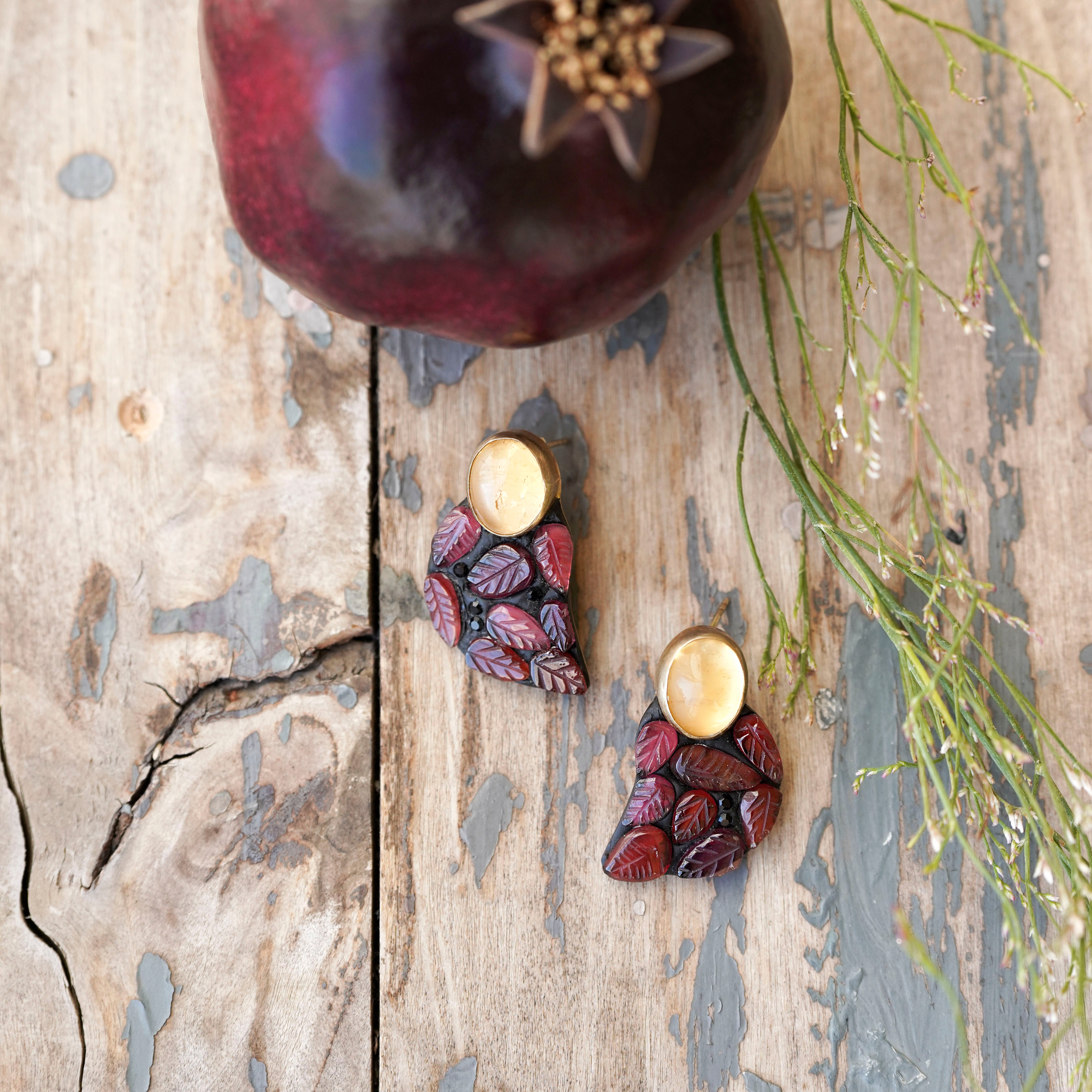 Amber Garnet Leaf Earrings