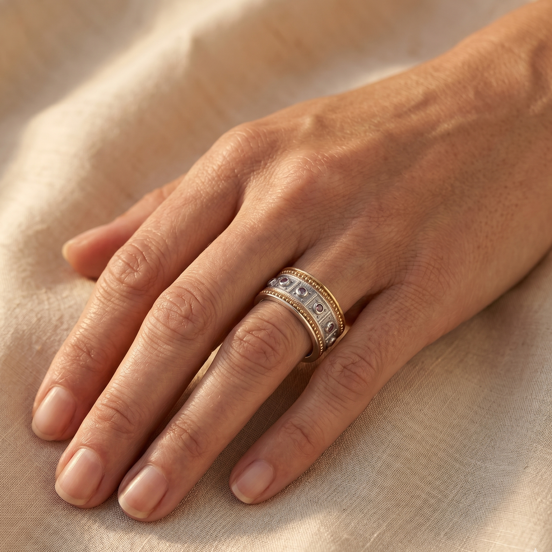 Hand wearing a gold ring with gemstones on a beige fabric background