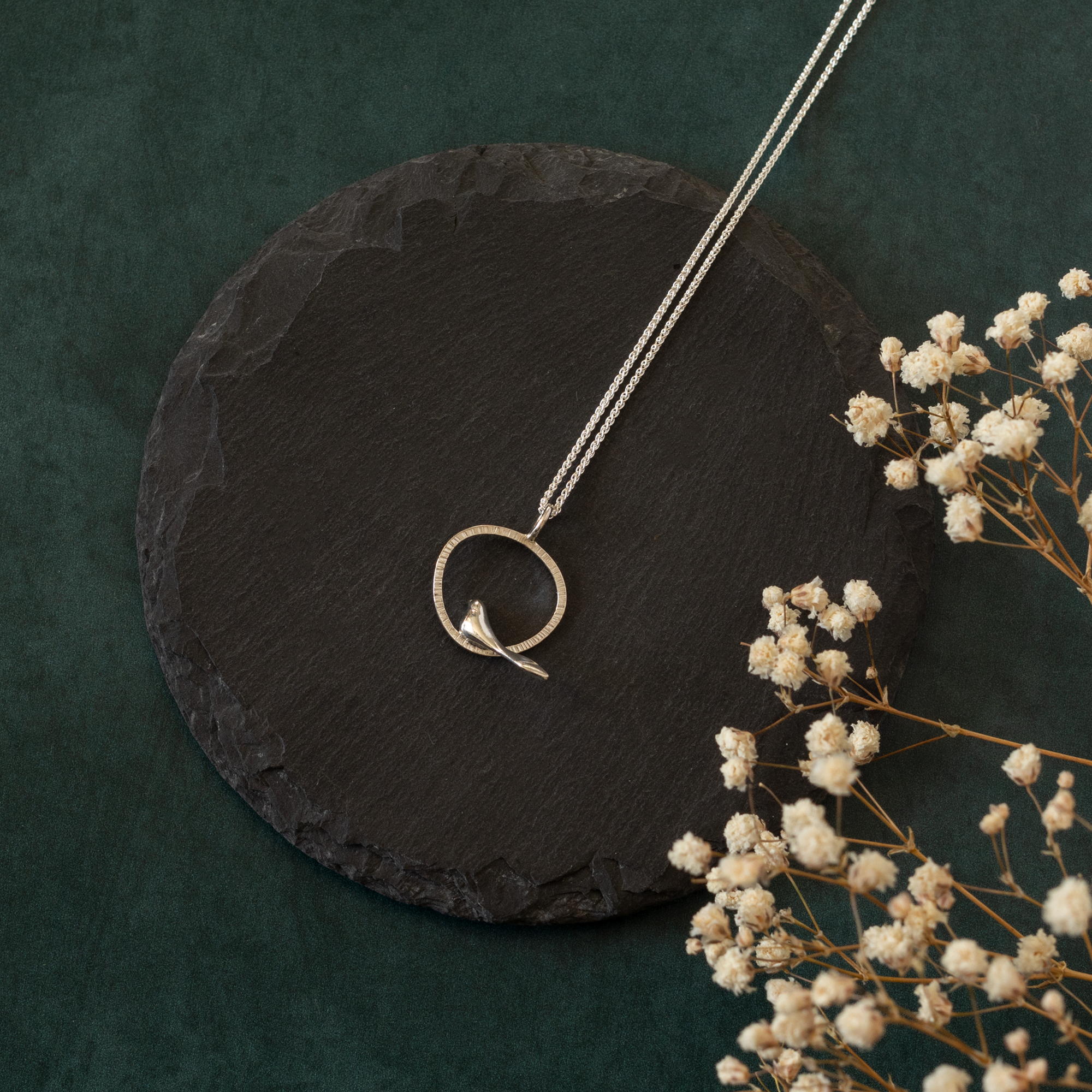 Bird on Textured Circle Necklace