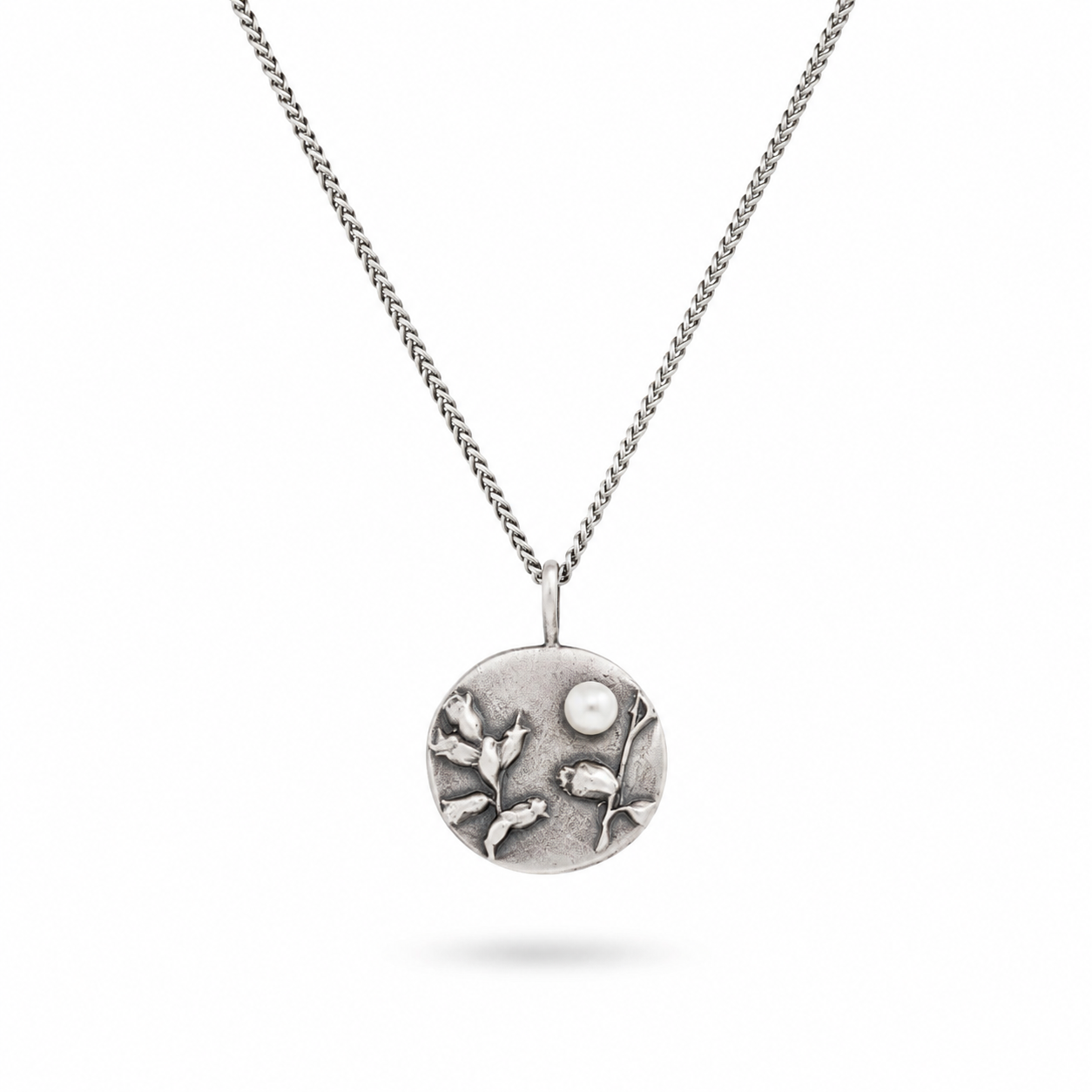 Silver Botanical Necklace with Freshwater Pearl