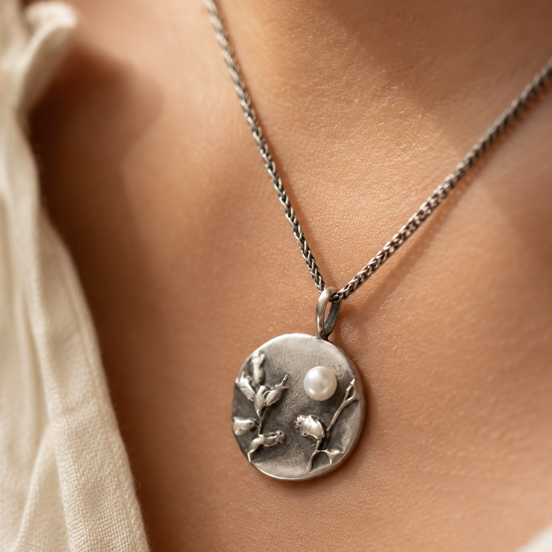 Silver Botanical Necklace with Freshwater Pearl