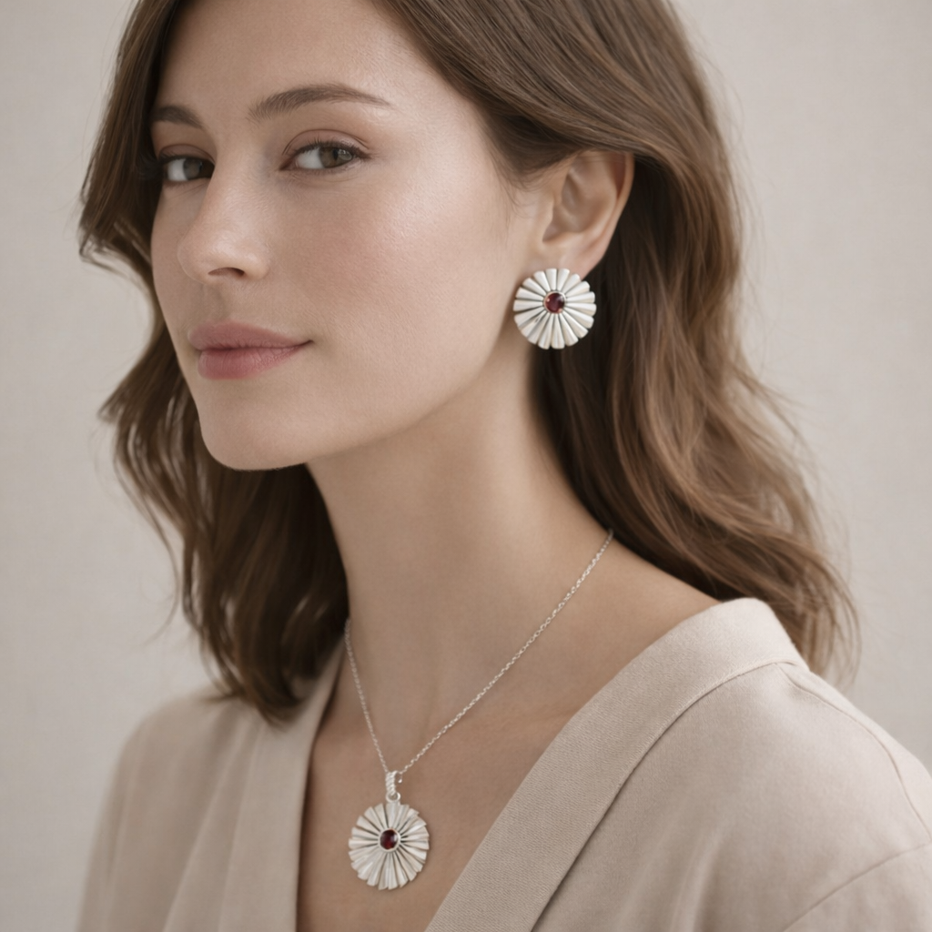 Silver Garnet Sun Necklace