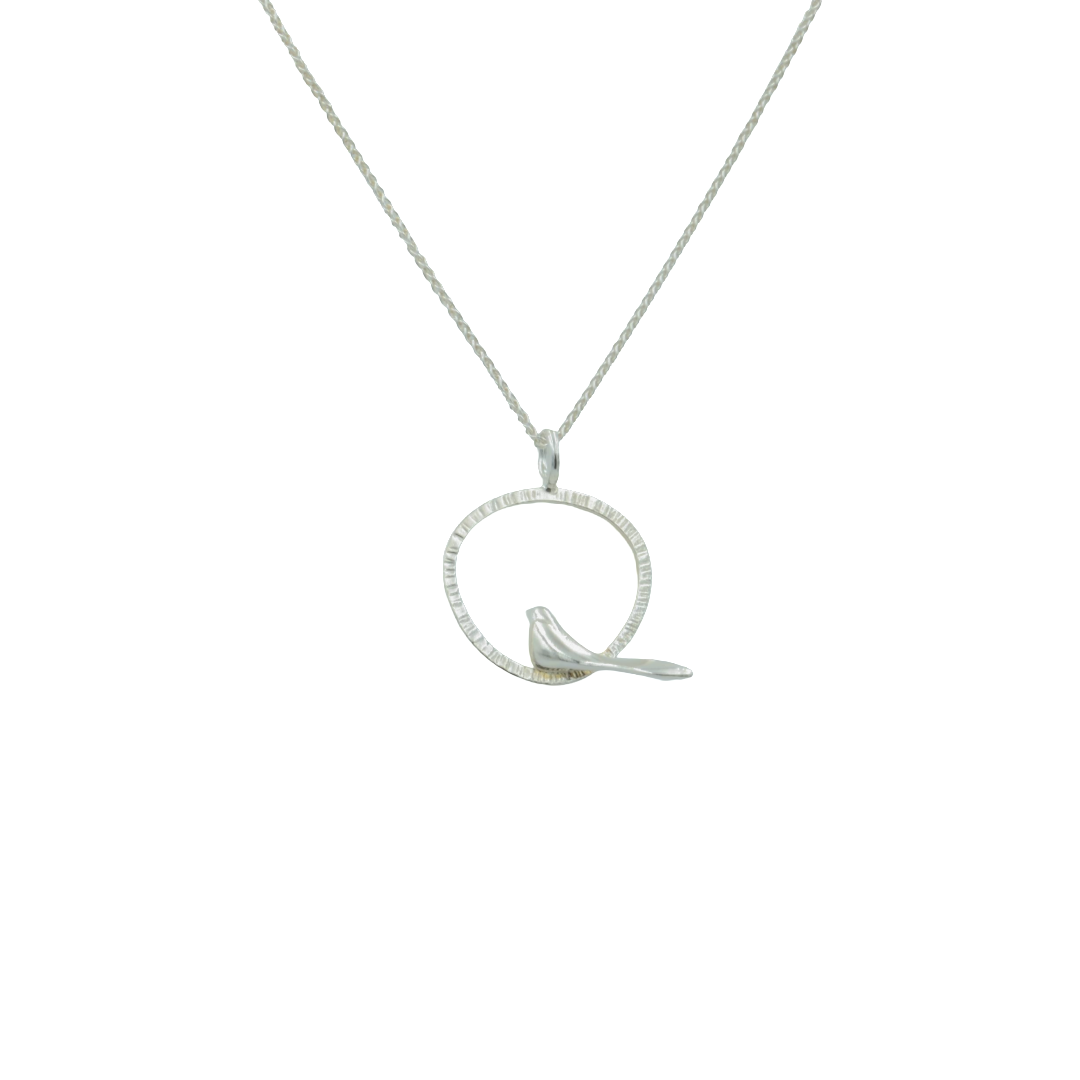Bird on Textured Circle Necklace - sterling silver necklace by Kia Concept