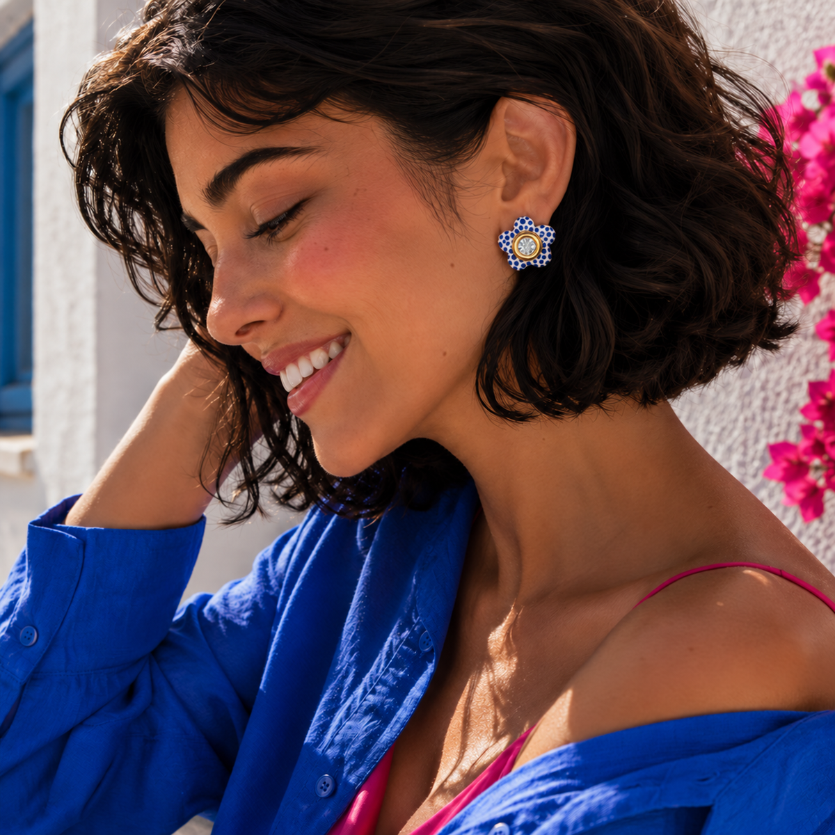 Capri Bloom Studs clear crystal ceramic earrings worn on model