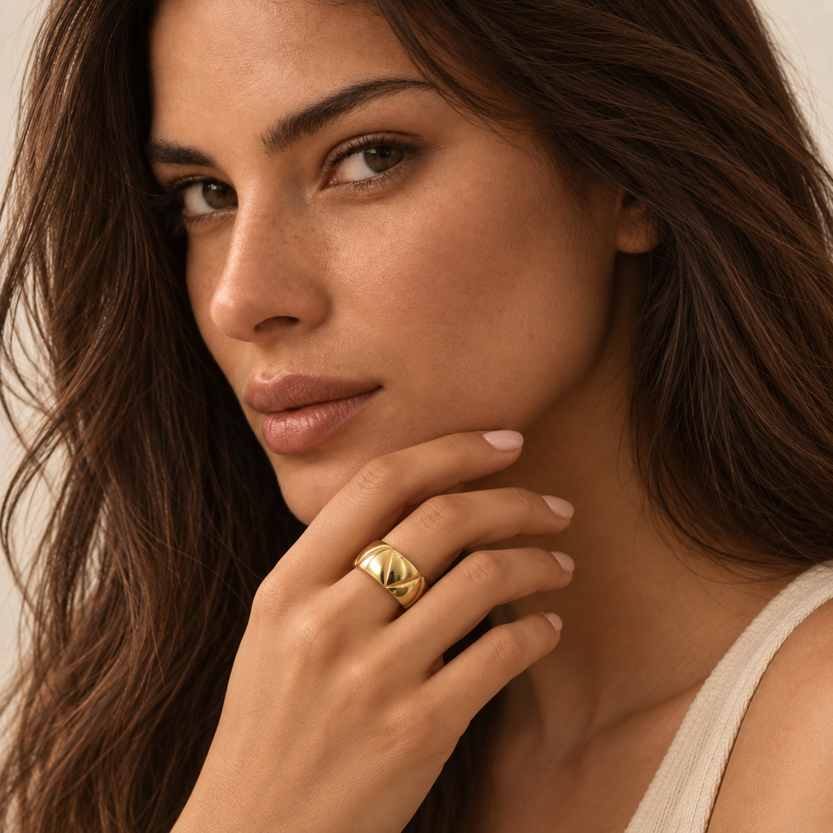 Coco Ring worn by a female model in a close editorial portrait