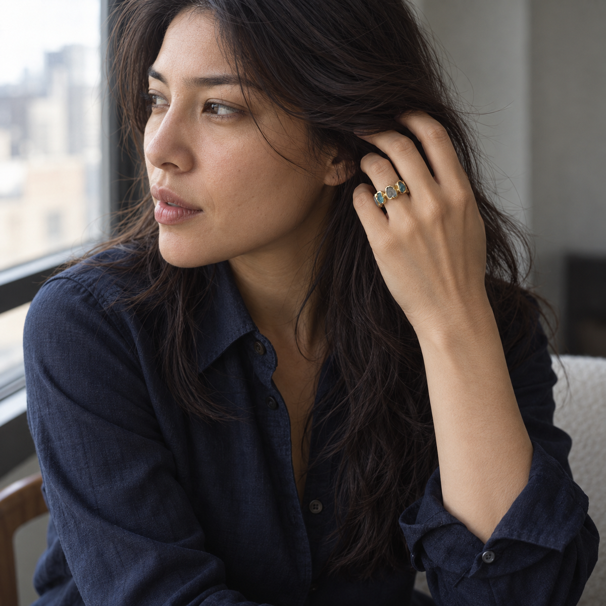 Deformed Apatite Ring worn on model - editorial