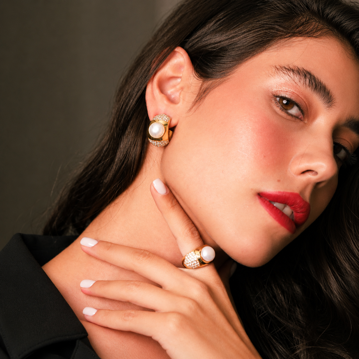 Eva Ring and matching earrings styled on model