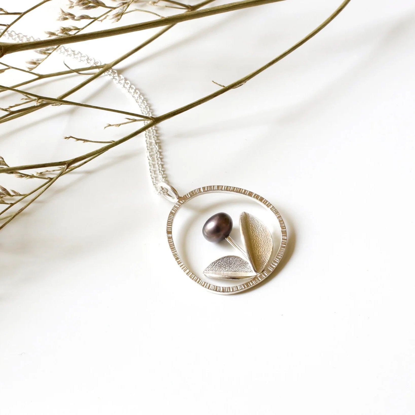 Floral Silver Necklace with Pearl