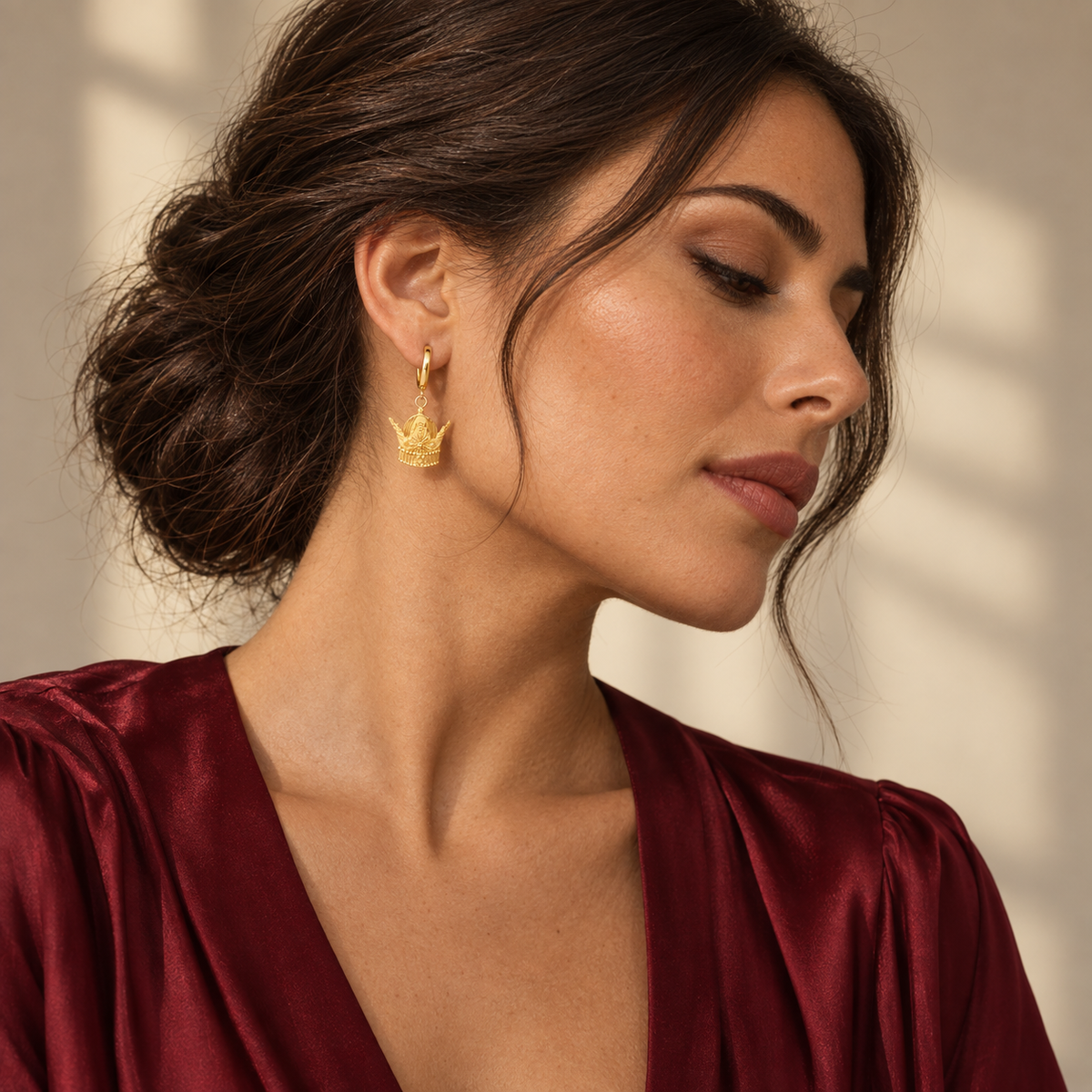 Royal Crown Drop Earrings worn on model - profile view