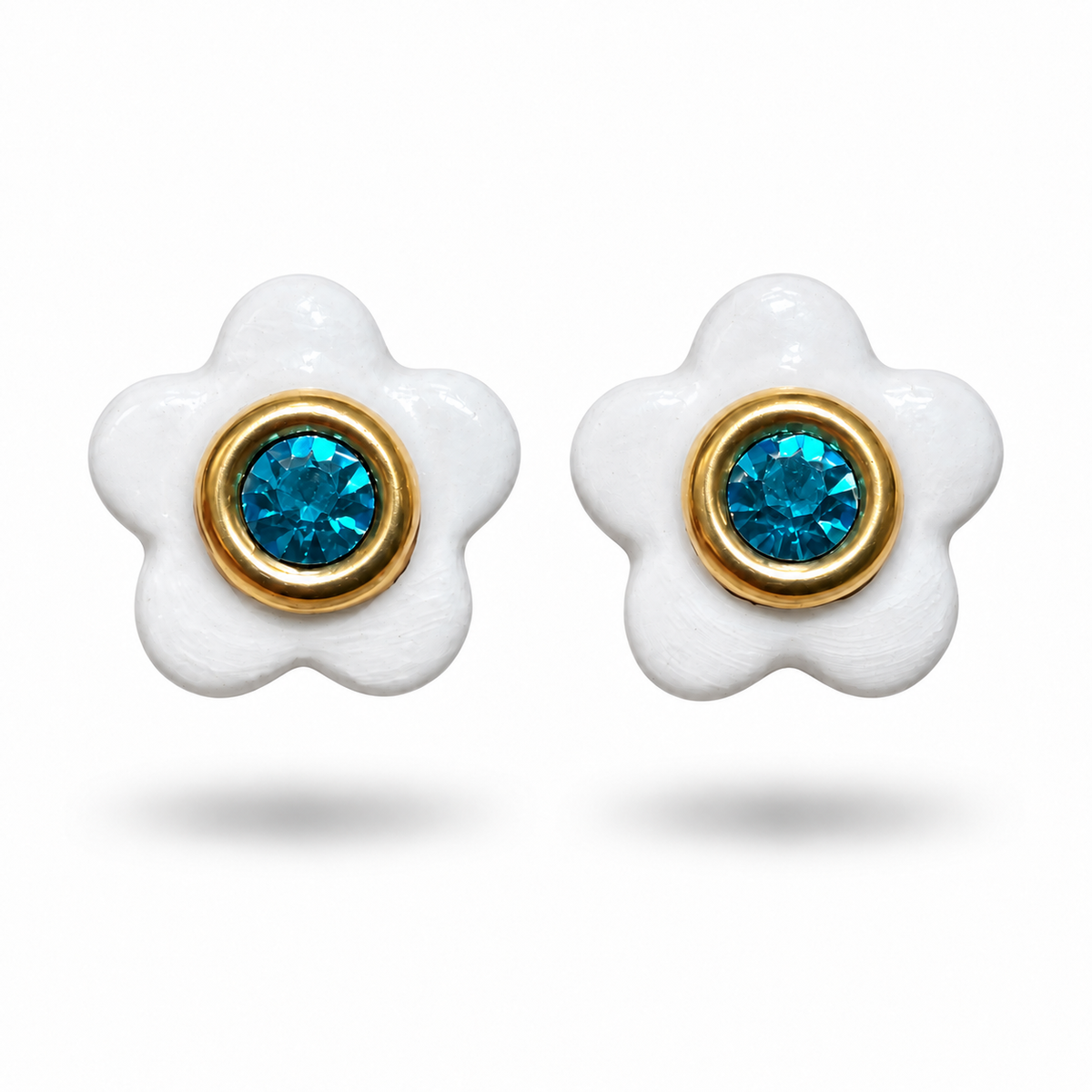 Azure Bloom Studs white ceramic flower earrings with aqua blue crystal centers