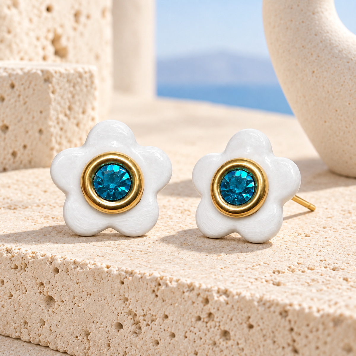 Azure Bloom Studs styled on ivory travertine