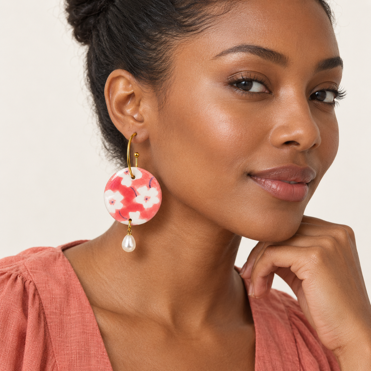 Seville Blossom Pearl Hoops worn on model