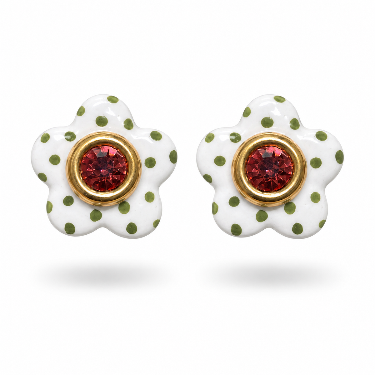 Siena Bloom Studs white ceramic flower earrings with olive dots and rose crystal centers