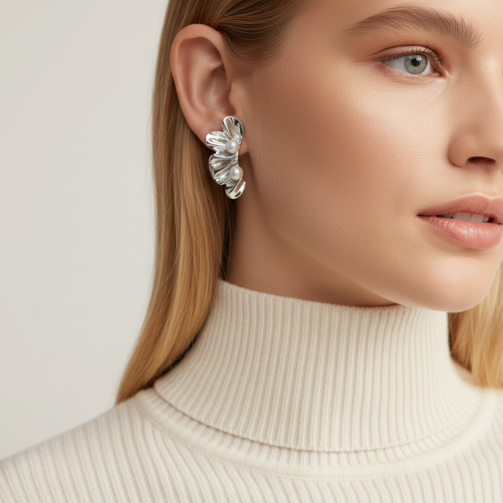 Silver Wave Pearl Earrings - Earrings - Kia Concept Store