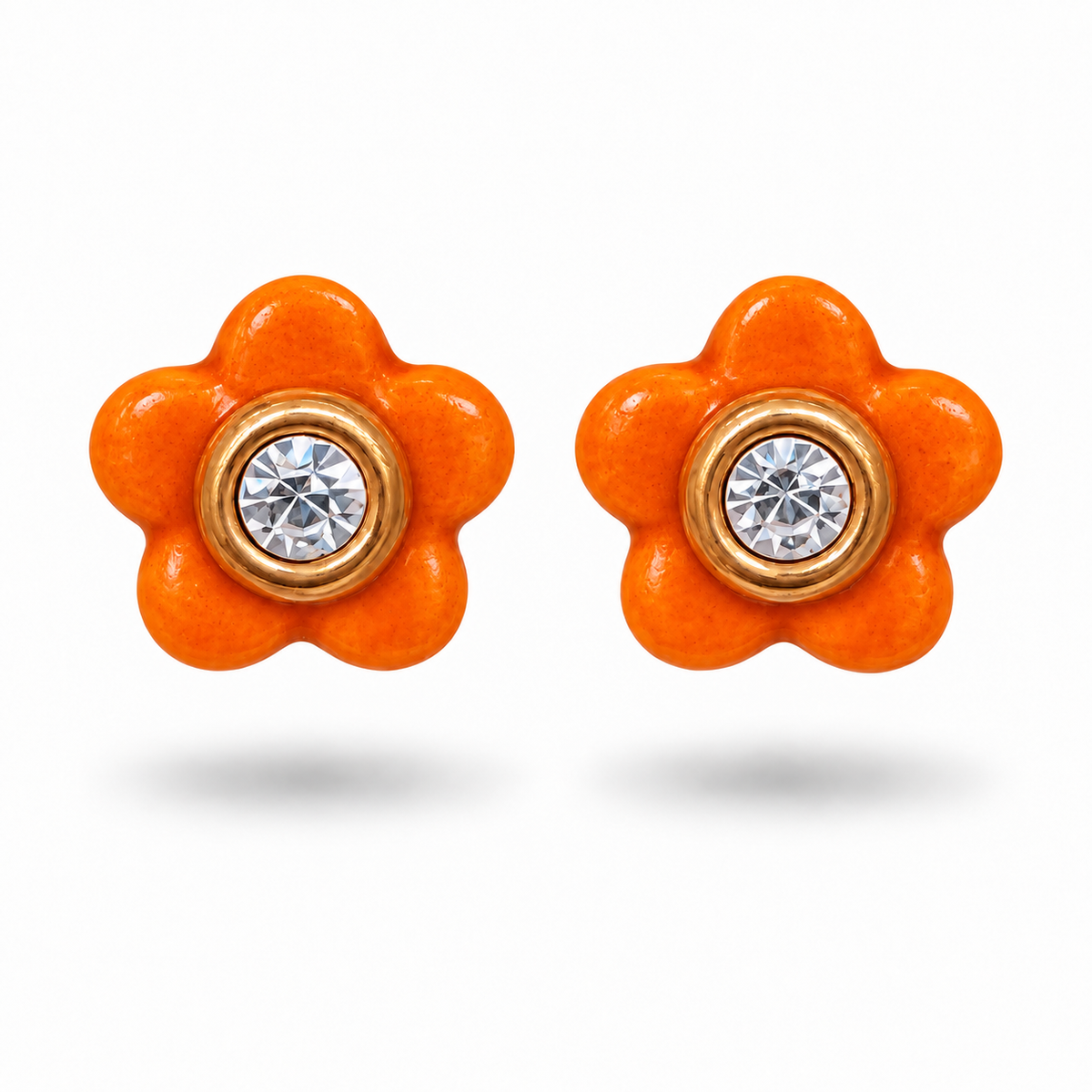Valencia Bloom Studs orange ceramic flower earrings with clear crystal centers